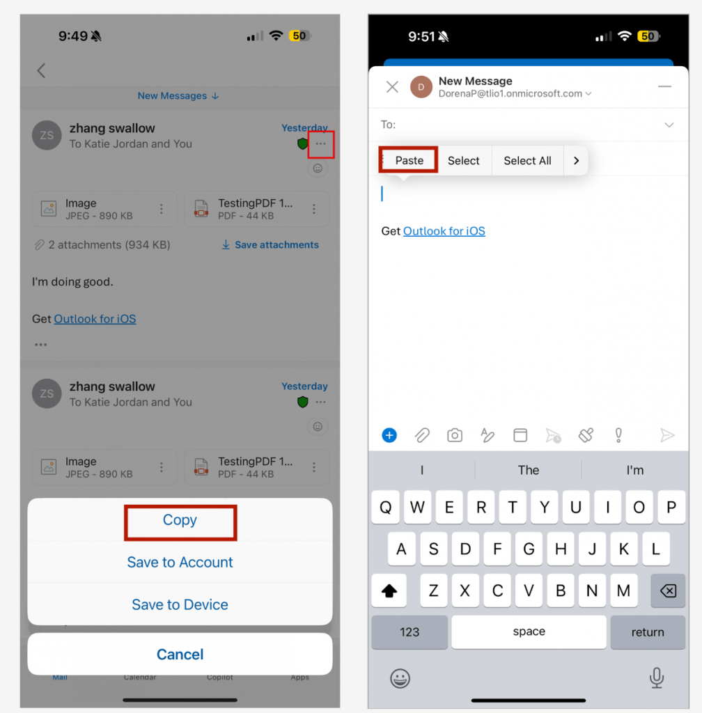 Outlook Mobile - Anhänge kopieren