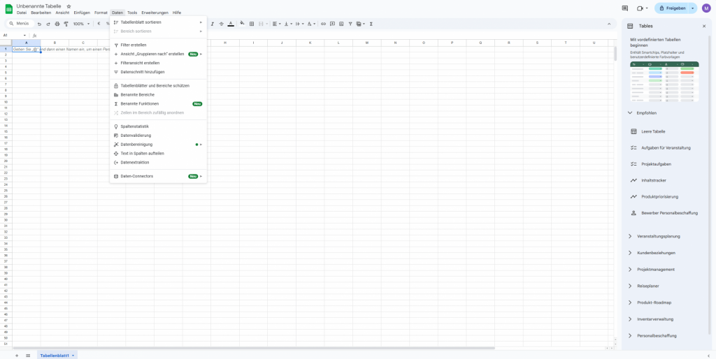 Google Sheets Startoberfläche