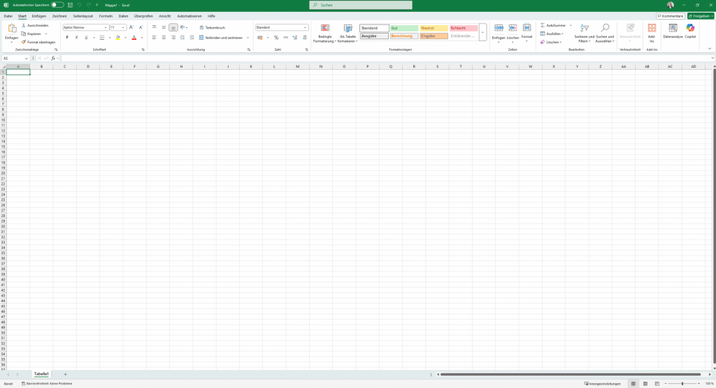 Microsoft Excel Startoberfläche