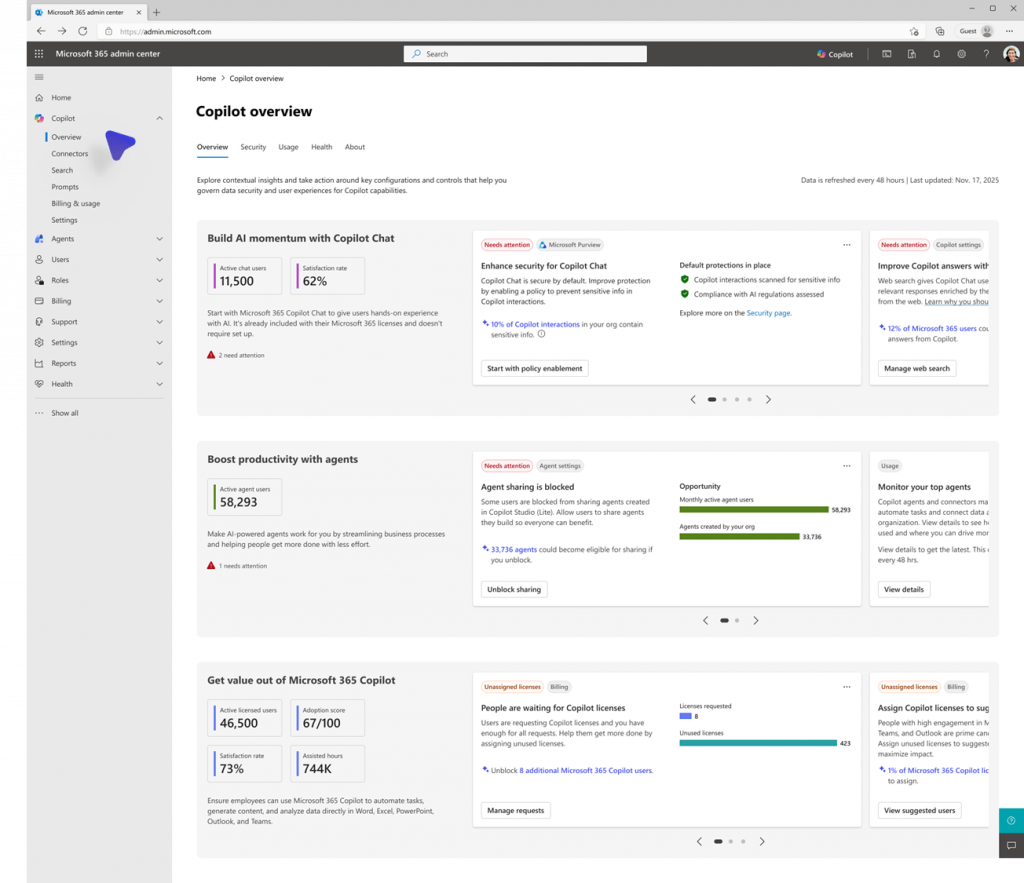 Admin Center - Übersicht für Copilot Management