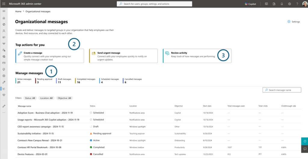 Organizational Messages Admin Center