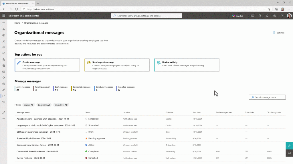 Organizational messages management and message creation