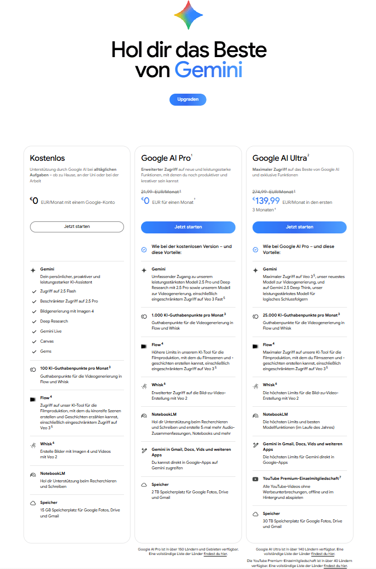 Google Gemini AI Lizenzen Übersicht