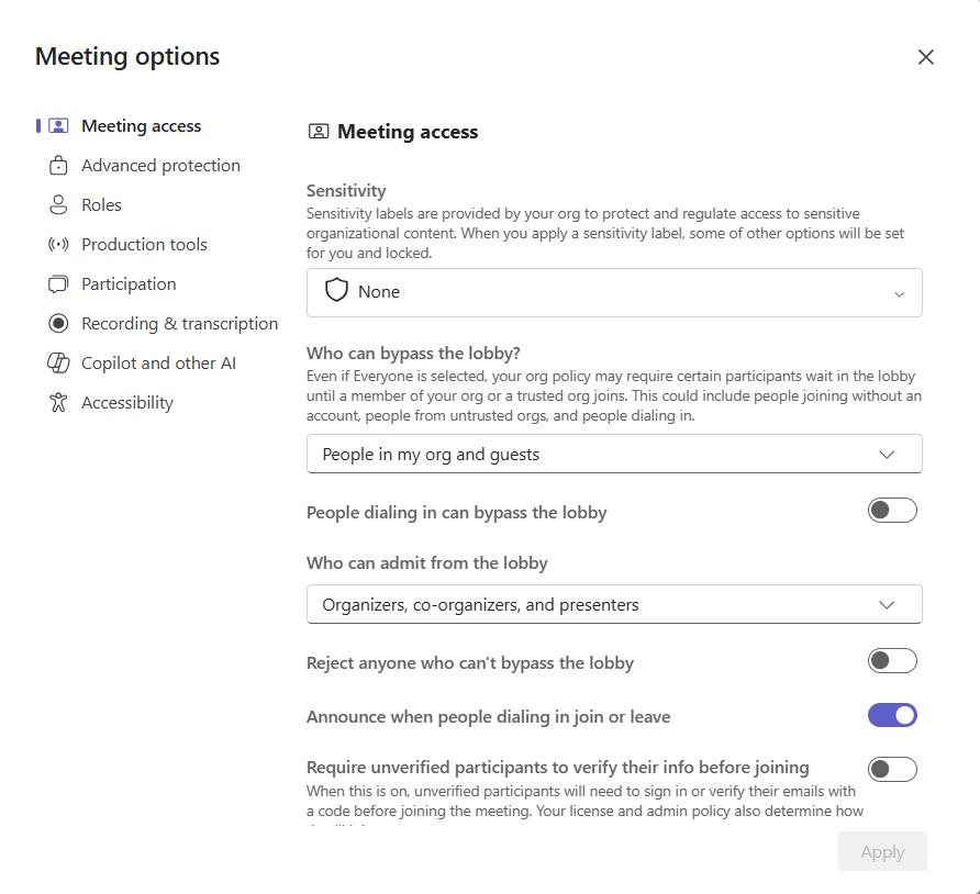 Meeting Optionen - Übersicht Teil 2