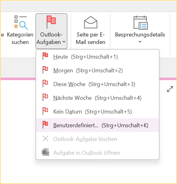 Screenshot Notizen in Outlook einfügen - Aufgaben benutzerdefiniertes Meeting einfügen