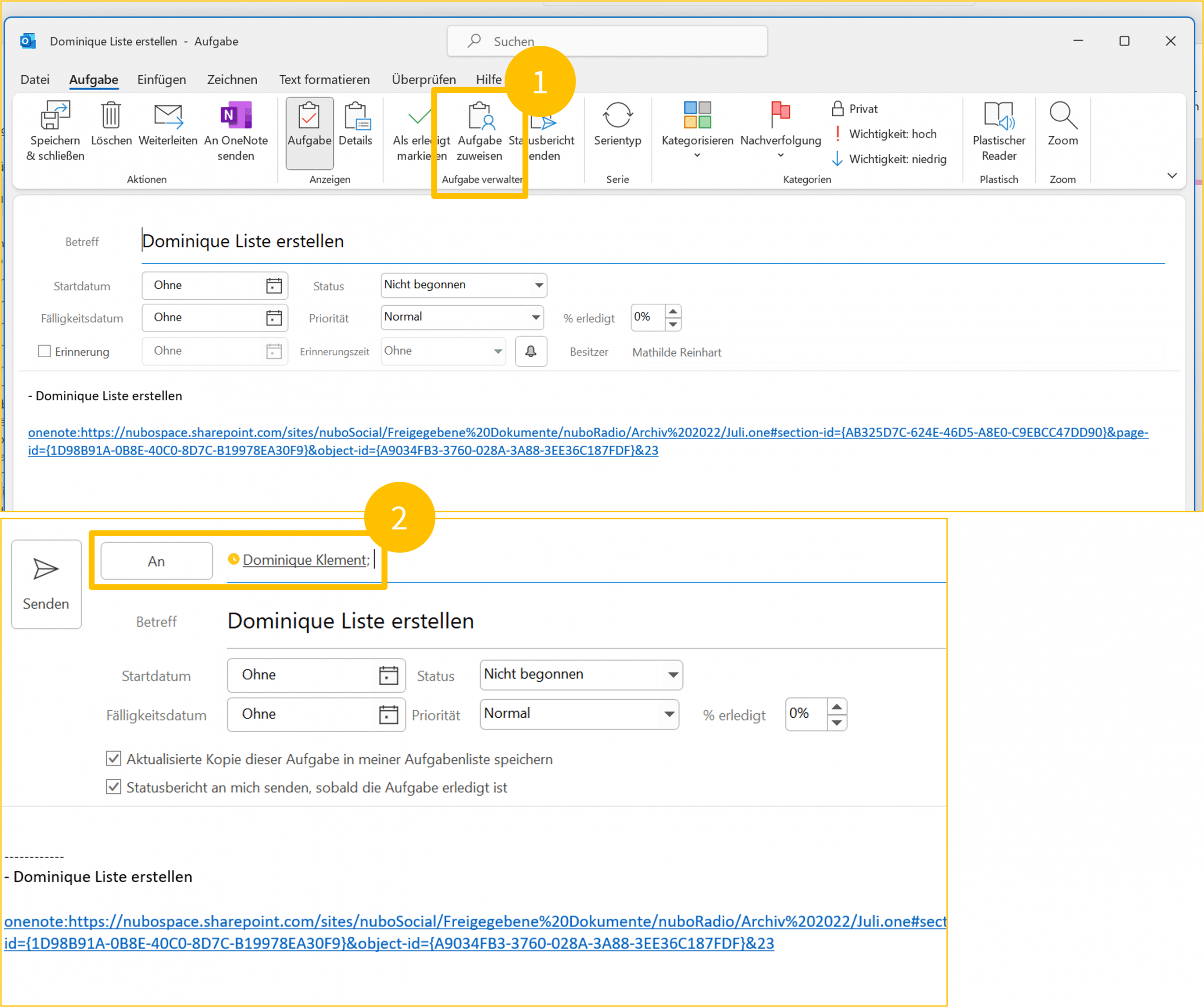 Screenshot Notizen in Outlook - Aufgabe zuweisen