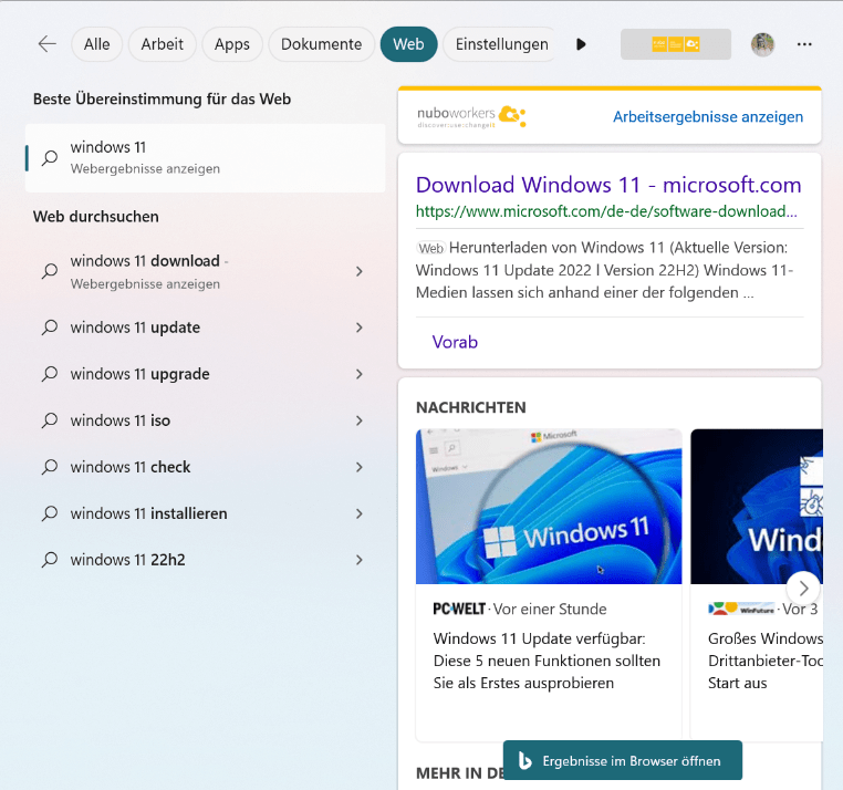 Screenshot neue Windows Suche