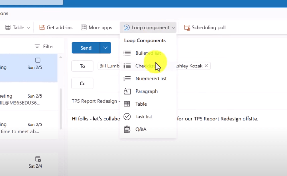 Screenshot Loop Komponente in Outlook