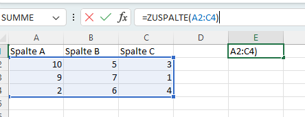 Screenshot Excel ZUSPALTE einfügen