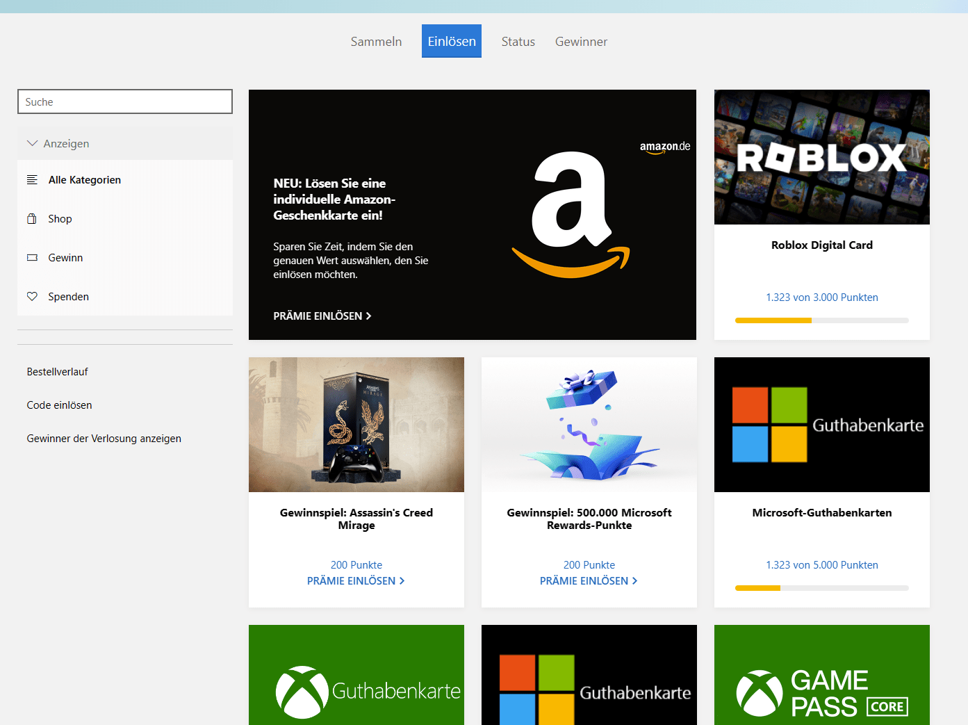 Screenshot Microsoft Rewards Prämien Einlösen-Seite