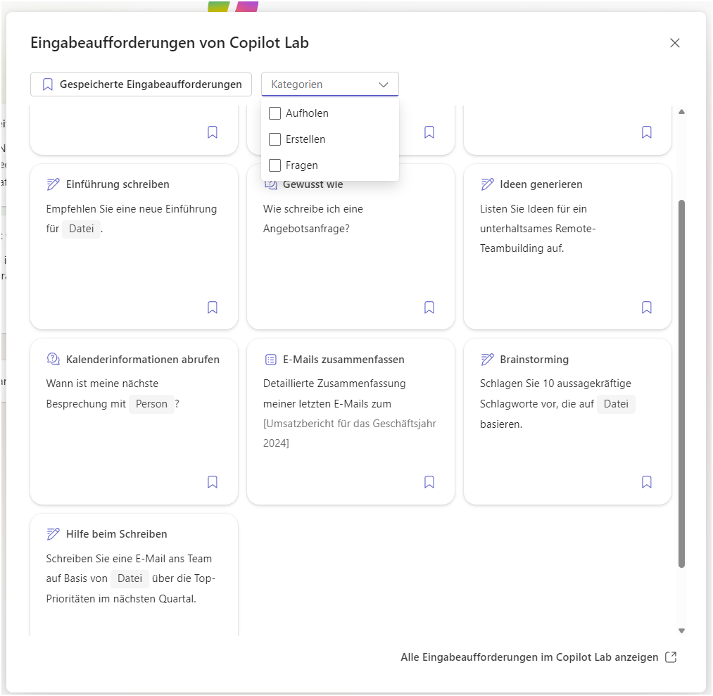 Screenshot Eingabeaufforderungen von Copilot Lab