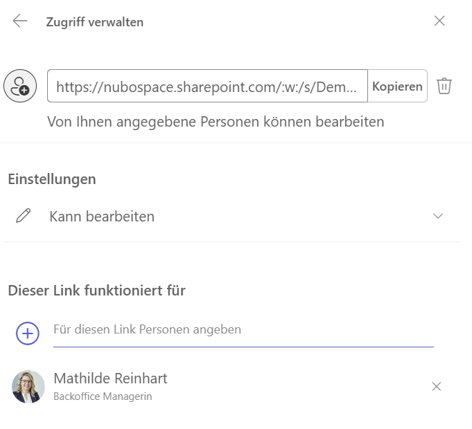 Screenshot Zugriff verwalten Links für eine Person