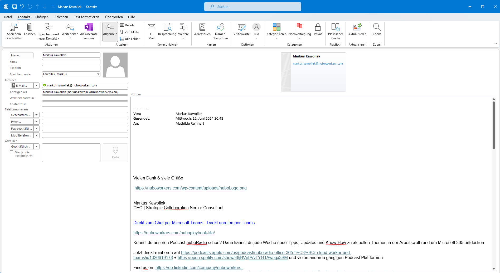 Screenshot Outlook Personen Kontaktkarte