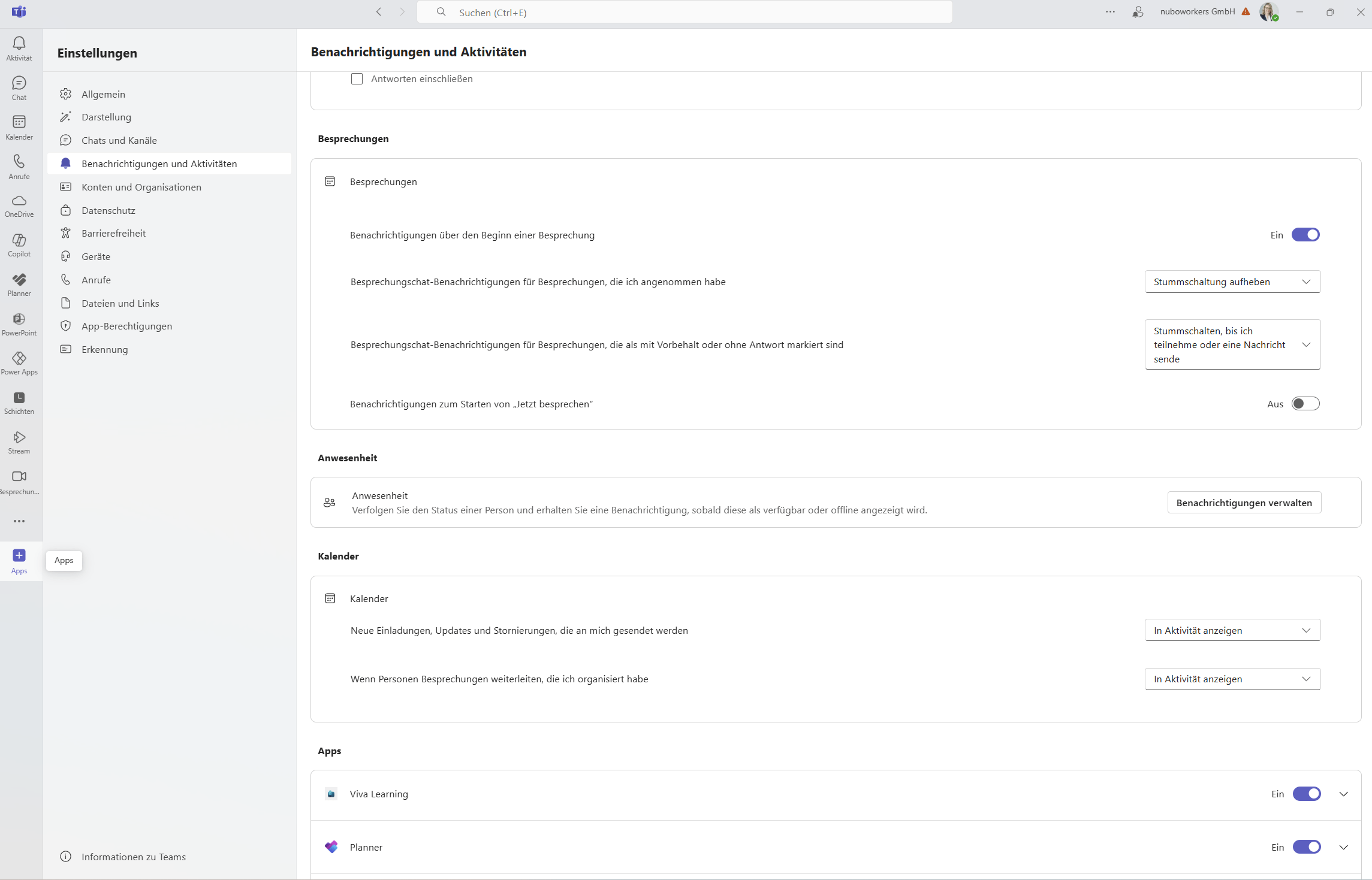 Screenshot Teams Benachrichtigungseinstellungen