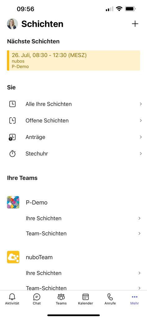 Teams App Schichten mobile Startseite